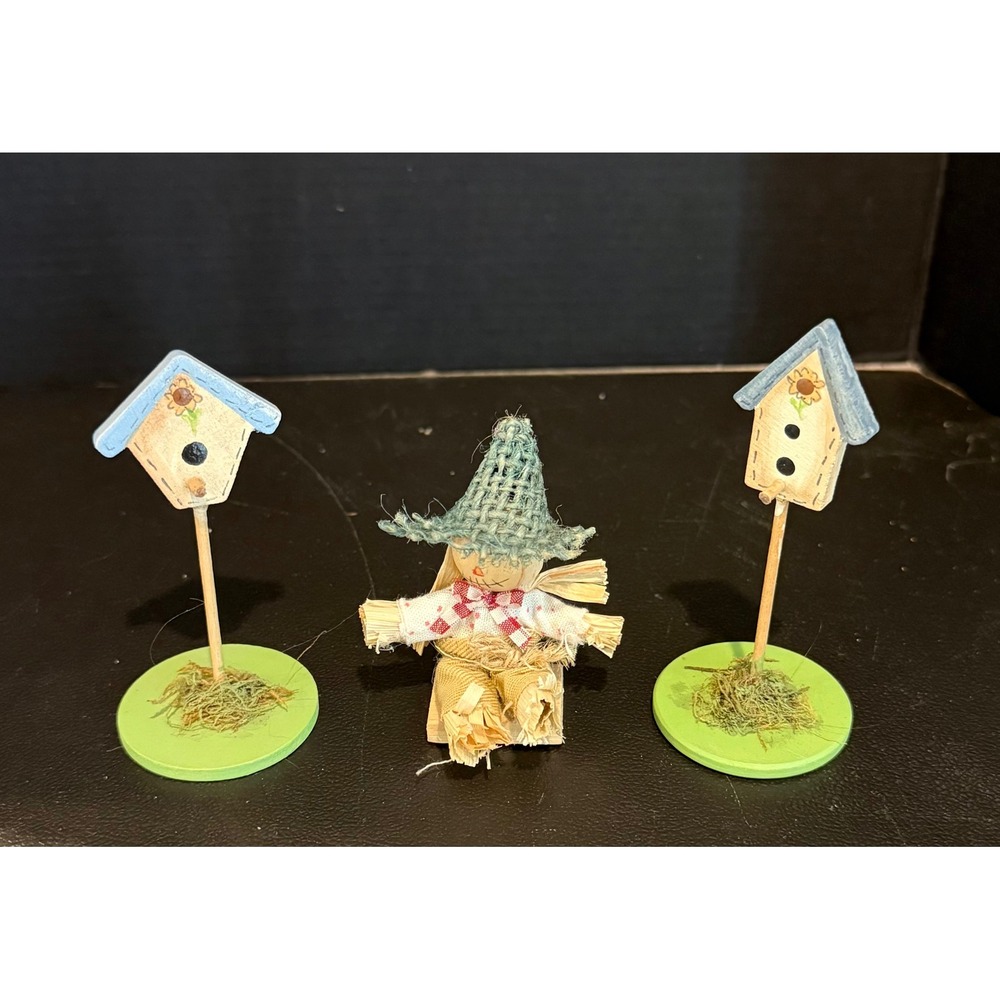 Miniature Dollhouse Decor Blue Tan Scarecrow Birdhouse Set Garden Country